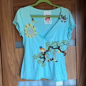 JOHNNY WAS Embroidered Cotton V-Neck Tee - Size M